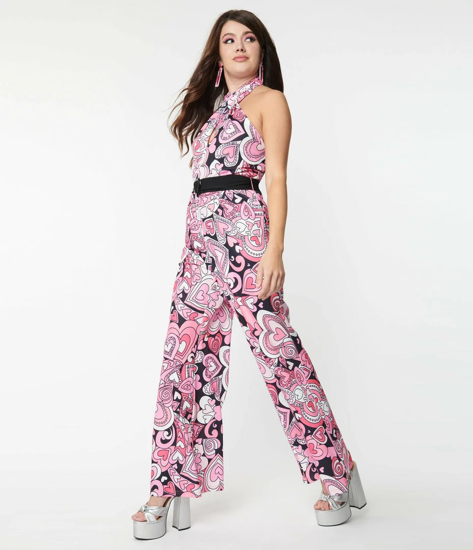 Smak Parlour Pink & Black Psychedelic Hearts Draped Darling Jumpsuit