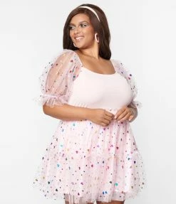 Smak Parlour Plus Size Pink & Confetti Heart Sleeve Googly Eyes Top