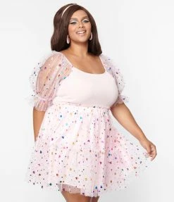 Smak Parlour Plus Size Pink & Confetti Heart Sleeve Googly Eyes Top