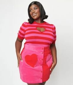 Clothing Smak Parlour Plus Size Red & Pink Stripe Keyhole Heart Sweater