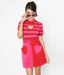 Smak Parlour Red & Pink Stripe Keyhole Heart Sweater Clothing