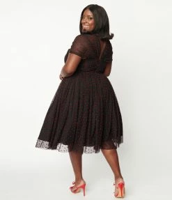 Unique Vintage Plus Size Black & Red Hearts Garden State Swing Dress