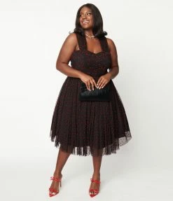 Unique Vintage Plus Size Black & Red Hearts Garden State Swing Dress