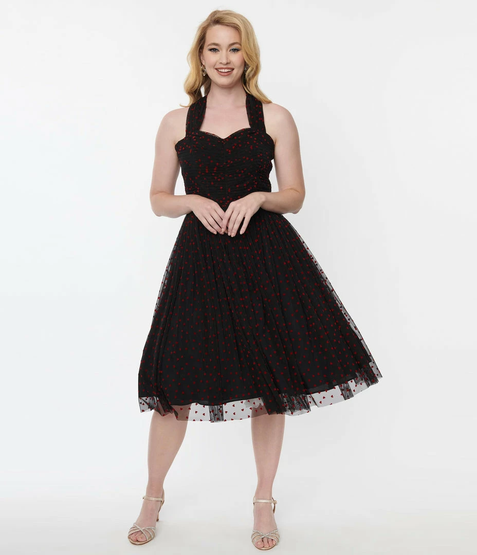 Unique Vintage Black & Red Hearts Garden State Swing Dress Clothing