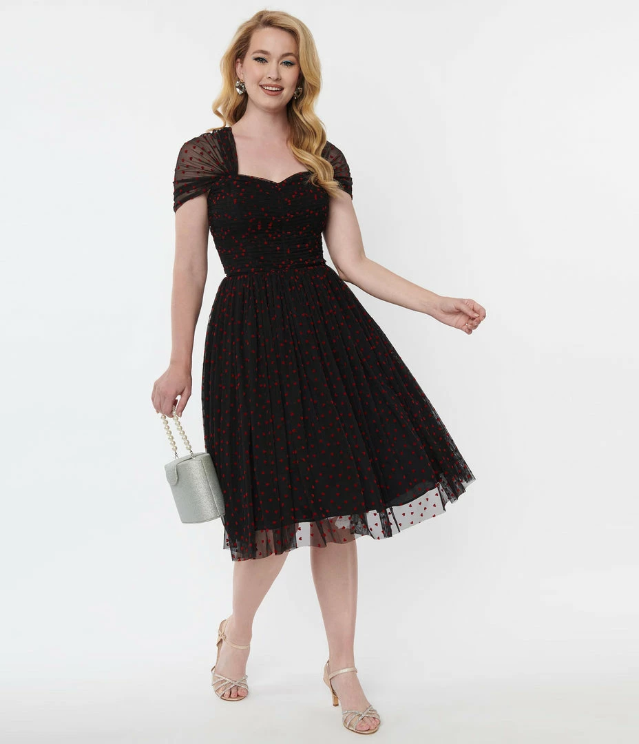 Unique Vintage Black & Red Hearts Garden State Swing Dress Clothing