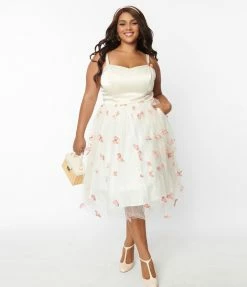 Unique Vintage Plus Size Ivory & Butterfly Bertie Swing Dress Clothing