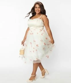 Unique Vintage Plus Size Ivory & Butterfly Bertie Swing Dress Clothing