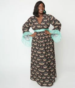 Unique Vintage Plus Size Black & Mint Moth Print Maxi Dress New Arrivals!