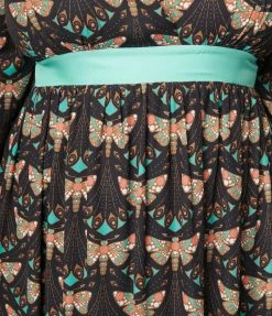 Unique Vintage Plus Size Black & Mint Moth Print Maxi Dress New Arrivals!
