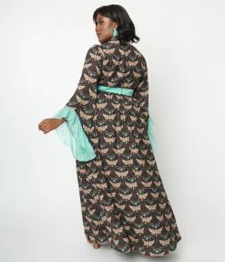 Unique Vintage Plus Size Black & Mint Moth Print Maxi Dress New Arrivals!