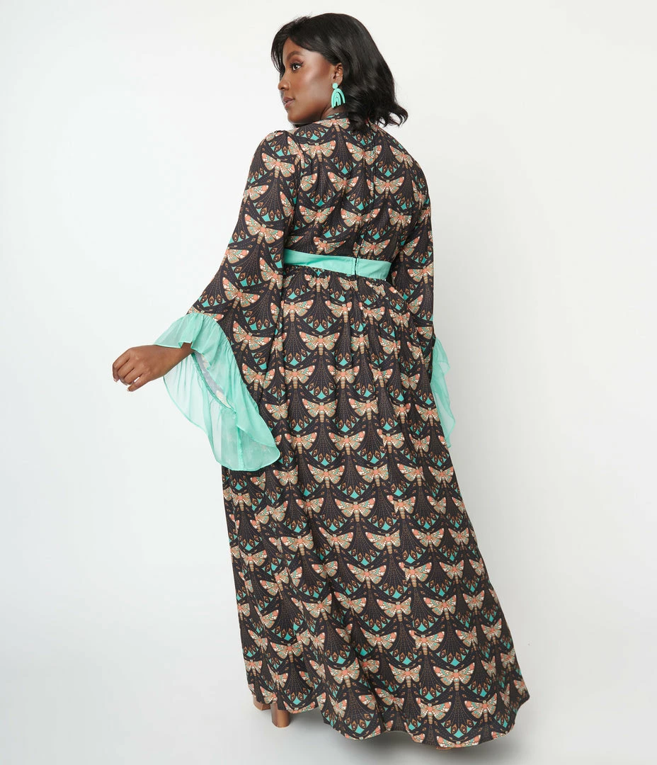 Unique Vintage Plus Size Black & Mint Moth Print Maxi Dress New Arrivals!