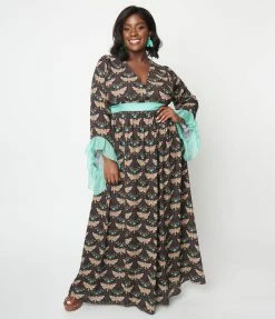 Unique Vintage Plus Size Black & Mint Moth Print Maxi Dress New Arrivals!