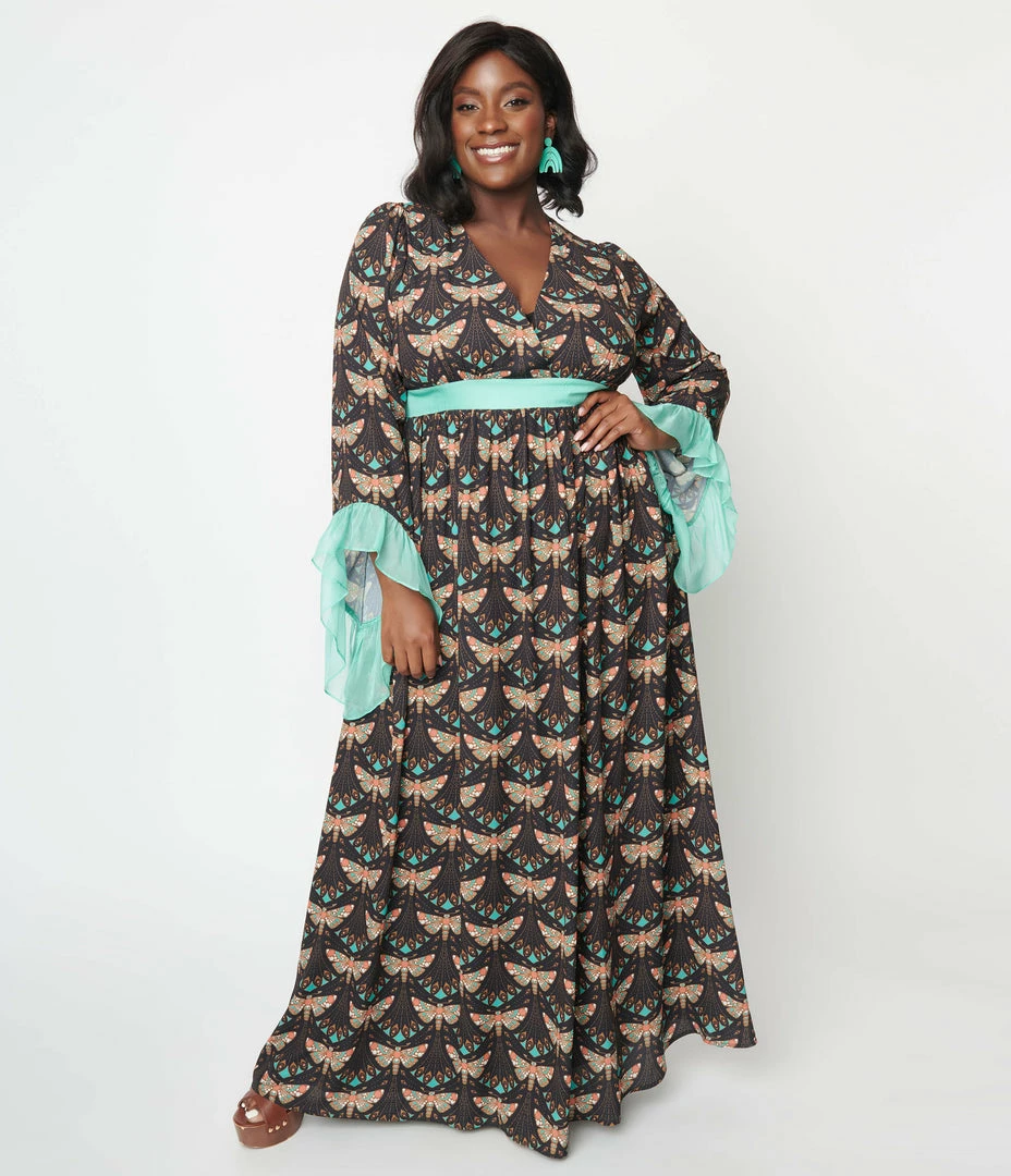 Unique Vintage Plus Size Black & Mint Moth Print Maxi Dress New Arrivals!
