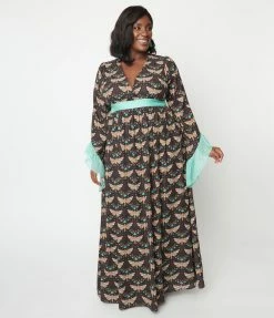 Unique Vintage Plus Size Black & Mint Moth Print Maxi Dress New Arrivals!