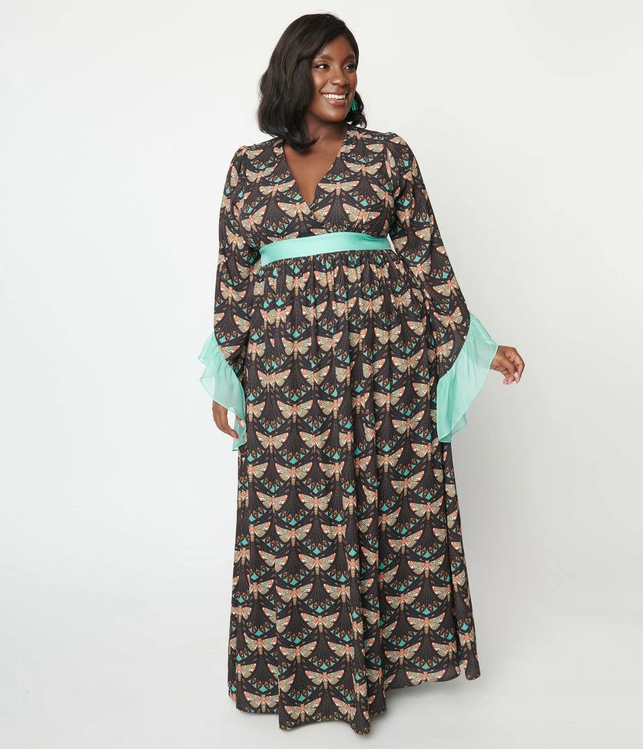 Unique Vintage Plus Size Black & Mint Moth Print Maxi Dress New Arrivals!