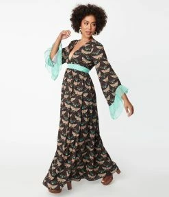 Unique Vintage Black & Mint Moth Print Maxi Dress New Arrivals!