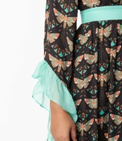 Unique Vintage Black & Mint Moth Print Maxi Dress New Arrivals!
