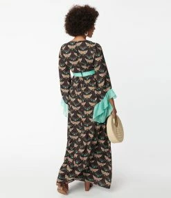 Unique Vintage Black & Mint Moth Print Maxi Dress New Arrivals!