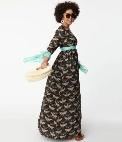 Unique Vintage Black & Mint Moth Print Maxi Dress New Arrivals!