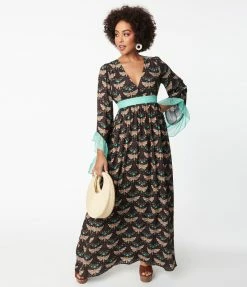 Unique Vintage Black & Mint Moth Print Maxi Dress New Arrivals!