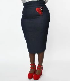 New Arrivals! Emily The Strange X Unique Vintage Plus Size Get Lost Denim Wiggle Skirt