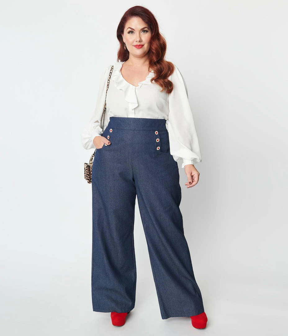 Clothing Unique Vintage Plus Size Heart Buttoned Denim High Waist Ginger Jeans