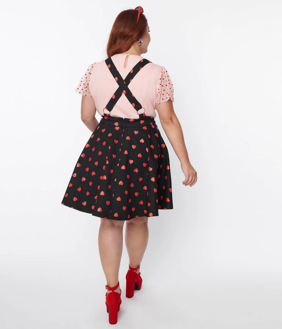 New Arrivals! Unique Vintage Plus Size Black & Red Hearts Brionne Pinafore Skirt