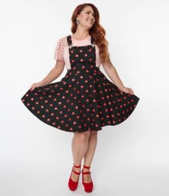 New Arrivals! Unique Vintage Plus Size Black & Red Hearts Brionne Pinafore Skirt