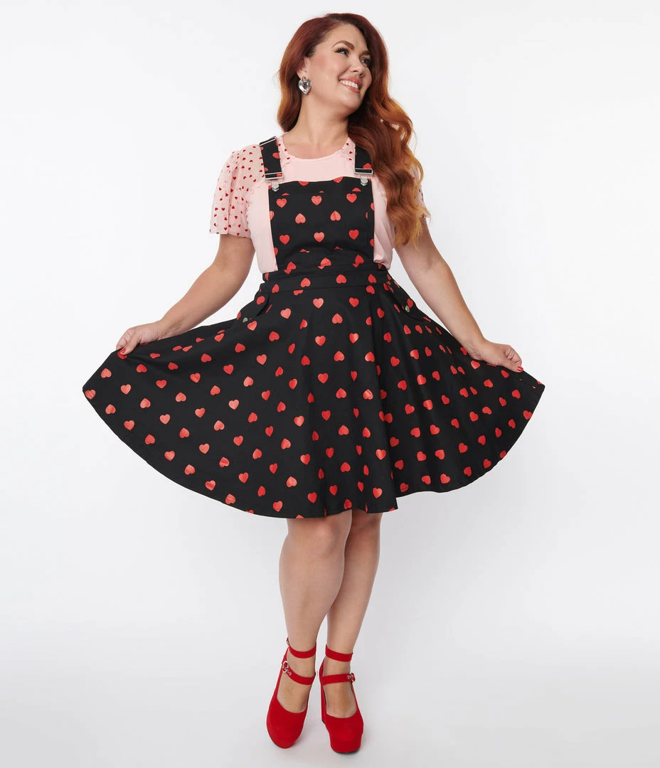 New Arrivals! Unique Vintage Plus Size Black & Red Hearts Brionne Pinafore Skirt