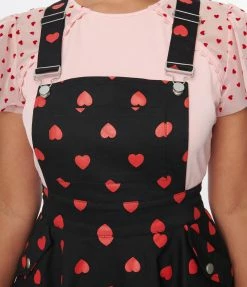 Unique Vintage Black & Red Hearts Brionne Pinafore Skirt