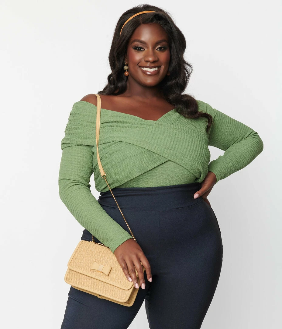 Unique Vintage Plus Size Green Textured Knit Saturday Night Bodysuit
