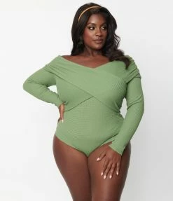 Unique Vintage Plus Size Green Textured Knit Saturday Night Bodysuit