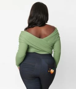 Unique Vintage Plus Size Green Textured Knit Saturday Night Bodysuit