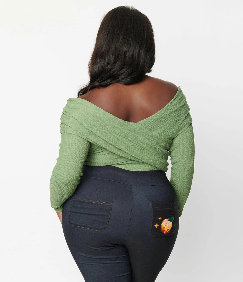 Unique Vintage Plus Size Green Textured Knit Saturday Night Bodysuit