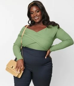 Unique Vintage Plus Size Green Textured Knit Saturday Night Bodysuit