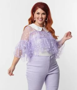 Smak Parlour Plus Size Lavender Iridescent Hearts Mesh Ruffle Top New Arrivals!