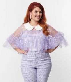 Smak Parlour Plus Size Lavender Iridescent Hearts Mesh Ruffle Top New Arrivals!