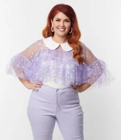 Smak Parlour Plus Size Lavender Iridescent Hearts Mesh Ruffle Top New Arrivals!