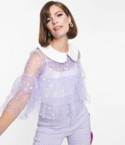 New Arrivals! Smak Parlour Lavender Iridescent Hearts Mesh Ruffle Top