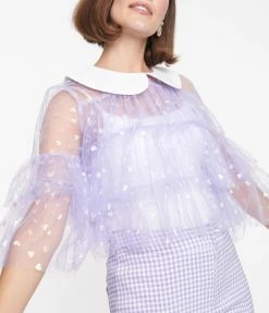 New Arrivals! Smak Parlour Lavender Iridescent Hearts Mesh Ruffle Top