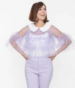 New Arrivals! Smak Parlour Lavender Iridescent Hearts Mesh Ruffle Top