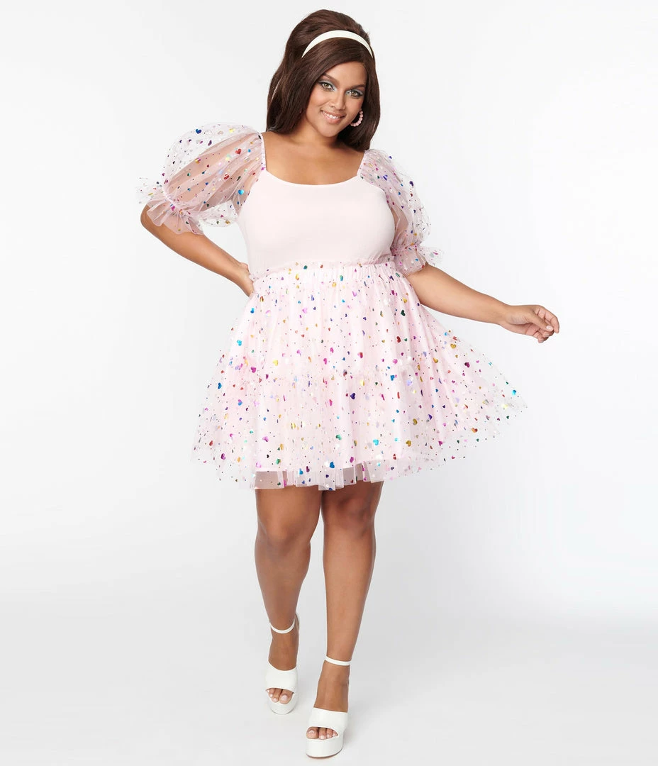 Smak Parlour Plus Size Pink Confetti Heart Tulle Mini Skirt