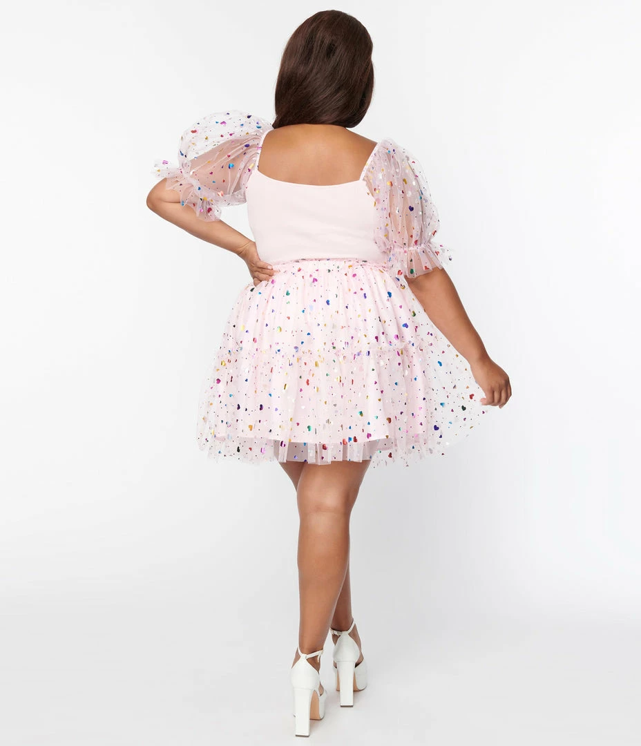 Smak Parlour Plus Size Pink Confetti Heart Tulle Mini Skirt