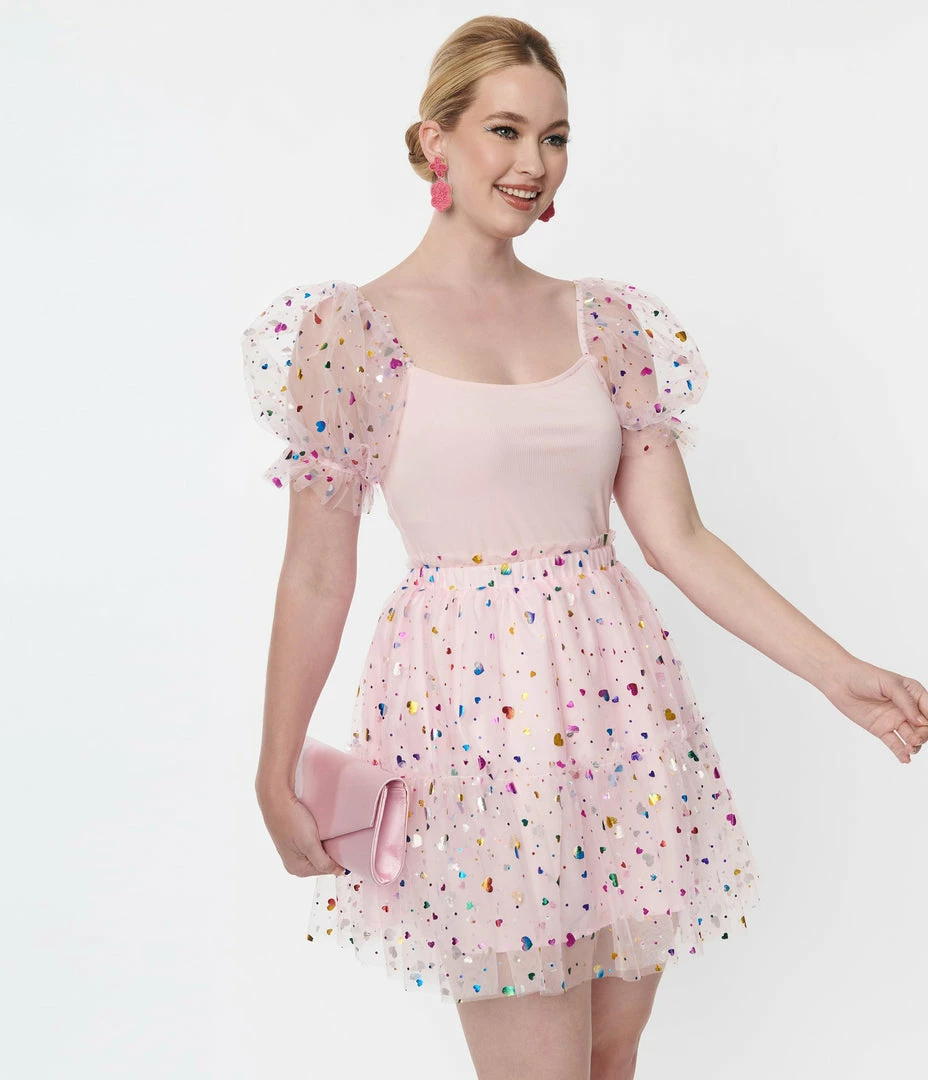New Arrivals! Smak Parlour Pink Confetti Heart Tulle Mini Skirt