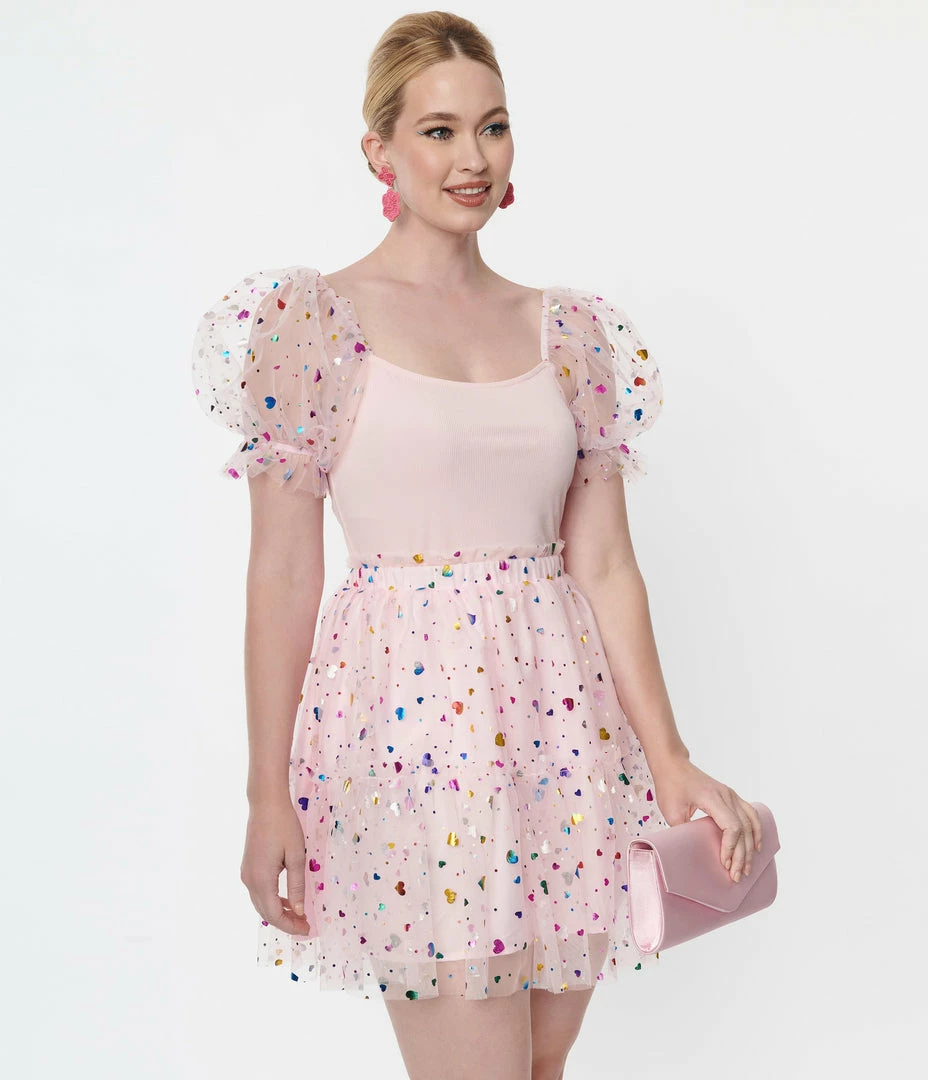 New Arrivals! Smak Parlour Pink Confetti Heart Tulle Mini Skirt