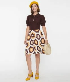 Smak Parlour Brown & Honeycomb Quilt Print Flare Dress