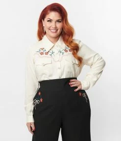 Unique Vintage Plus Size Cream & Embroidered Floral Yoke Blouse