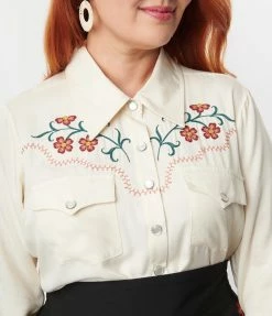 Unique Vintage Plus Size Cream & Embroidered Floral Yoke Blouse