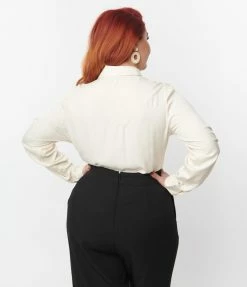 Unique Vintage Plus Size Cream & Embroidered Floral Yoke Blouse