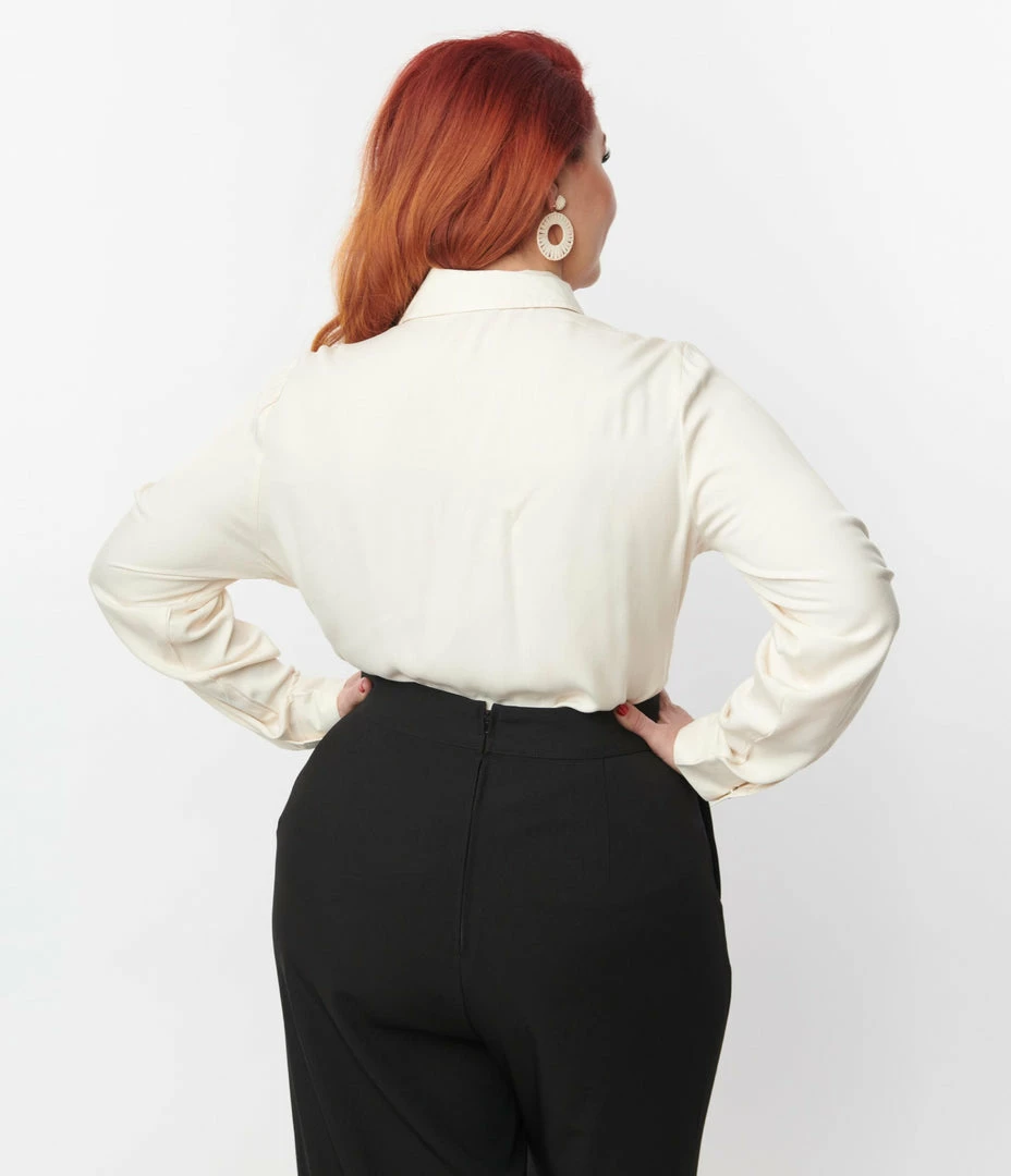 Unique Vintage Plus Size Cream & Embroidered Floral Yoke Blouse